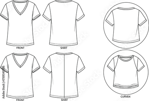 Navy Blue Basic Crew Neck T-Shirt Technical Fashion Flat Sketch, Short Sleeves, Detailed Stitching on Hem and Collar, Front and Back View, Classic Unisex Apparel Vector Template.