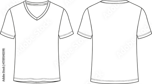 Flat technical sketch vector illustration template unisex basic short sleeve V-neck t-shirt front back views apparel fashion design blank template for commercial use.