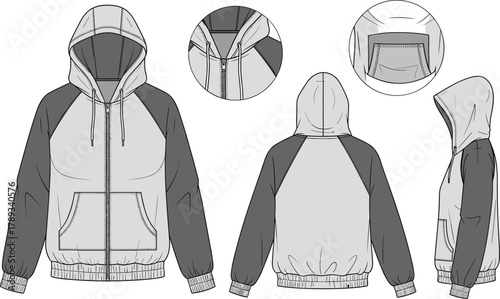Color-Block Raglan Sleeve Zip-Up Hoodie Technical Fashion Flat Sketch, Drawstring Hood, Kangaroo Pocket, and Rib Cuffs, Front, Back, Side View, Unisex Apparel Vector Template.
