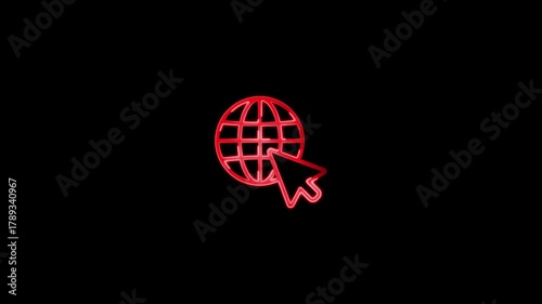 Red neon globe icon with cursor on black background world earth
