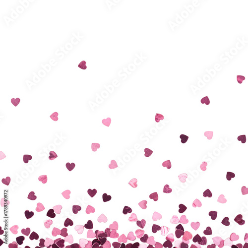 Sparkling pink hearts confetti falling down against a dark backdrop celebrate love and romance isolated on transparent background