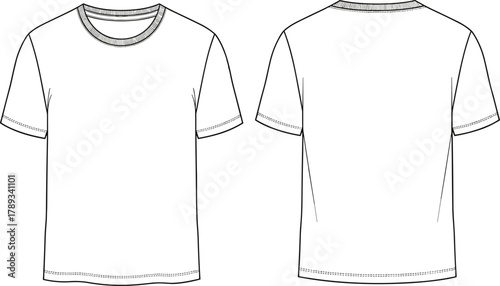 Front Back Technical Fashion Flat Sketch Illustration for Men's Basic Short Sleeve Crew Neck T-Shirt with Ribbed Neckband Apparel Design Vector Template