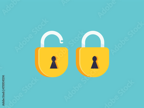 Open and closed gold padlock icons on a blue background. Security, access, and digital encryption flat vector symbol