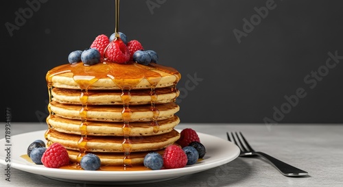A magnificent tall stack of fluffy golden pancakes drenched liberally in rich maple syrup, topped artistically with fresh mixed berries on a clean white plate ,treat ,studio ,brunch
