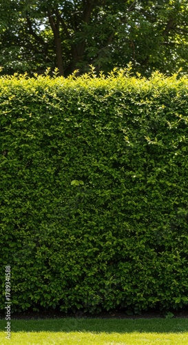 A meticulously trimmed dense green privacy hedge providing a natural barrier in a peaceful garden setting during the warm summer season ,architecture ,natural ,horticulture