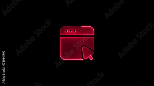 Red Neon Glowing Web Browser Icon with Cursor on Black Background Keywords: web browser, icon, cursor, pointer, click, navigation, internet, online, digital, technology, interface, website