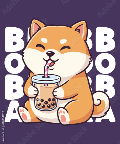 Cute Shiba Inu Dog Drinking Boba Tea T-Shirt Design – Adorable Bubble Tea Puppy Illustration, Funny Kawaii Cartoon Pet Graphic for Dog Lovers, Cute Animal Artwork, Sublimation Print