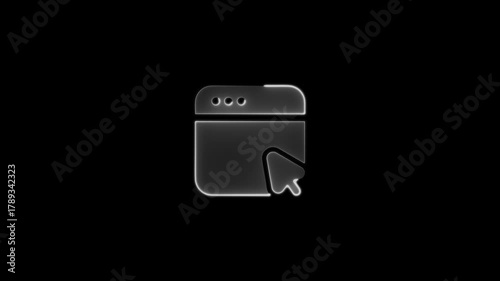Silver Metallic Web Browser Icon with Cursor on Black Background Keywords: web browser, icon, cursor, pointer, click, navigation, internet, online, digital, technology, interface, website, search