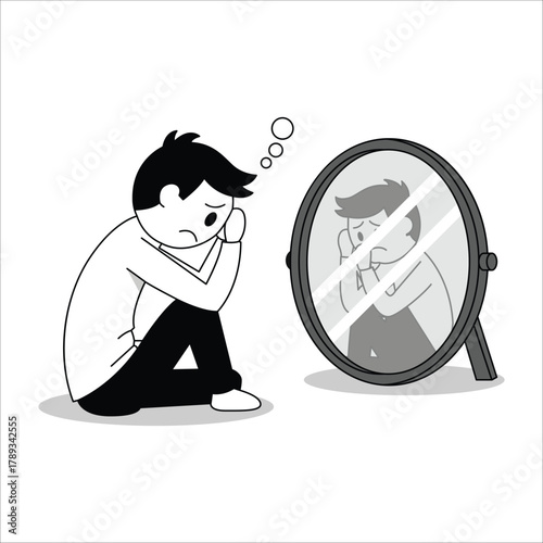 Minimalist Line Art Depressed Man Looking at Reflection in Mirror Illustration