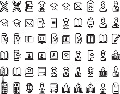 Education and Learning Icons Set Graduation Caps, Books, Computers, and More