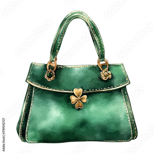 Watercolor Green Handbag with Four-Leaf Clover Clasp Vector
