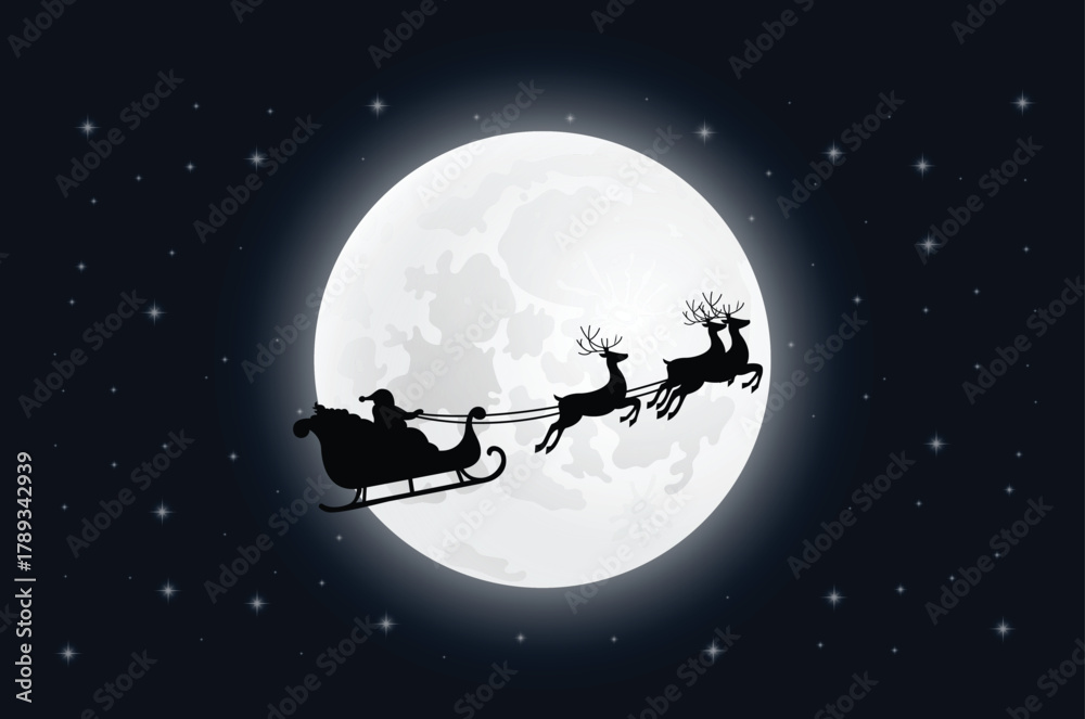 Naklejka premium Silhouette Illustration of Santa Claus Sleigh Reindeer Flying Before The Full Moon Christmas Holiday