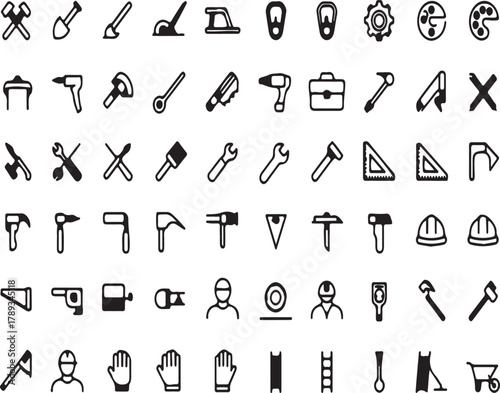A comprehensive collection of line art icons representing various tools, equipment, and construction elements for diverse design projects