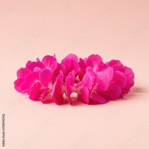 Close-up of a vibrant pink flower lei resting on a matching blush background, symbolizing tropical greetings and celebration ,garland ,colorful ,bright