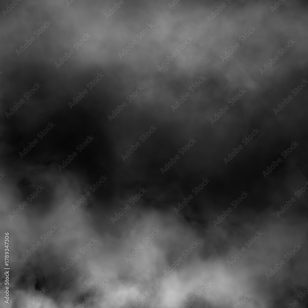 Fototapeta premium Dense White Smoke and Fog Abstract Overlay Texture on Dark Black Background for Eerie or Mysterious Atmospheric Effect and Design Element