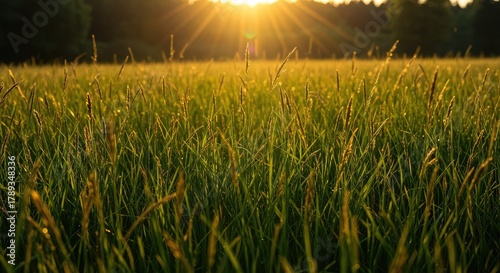Golden hour light streaming through tall green meadow grass on a very hot summer afternoon, creating long shadows and intense seasonal warmth ,ray ,golden ,background