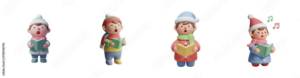 Fototapeta premium Four cartoon children wearing winter hats and scarves sing from songbooks transparent background