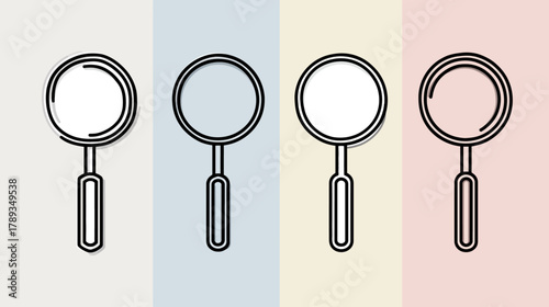 Minimalist magnifying glass line art icons set on pastel backgrounds. Concept of search, zoom, analysis, and discovery.