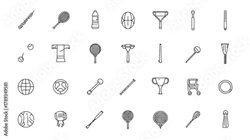 Collection of Sports Equipment Vector Line Icons. Outline Symbols for Athletic Games, Fitness, and Recreational Activities.