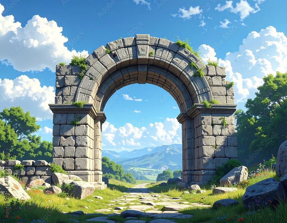 Fototapeta premium Ancient stone archway frames a scenic view of rolling hills and sky