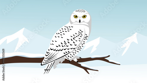 Snowy Owl Perched on Branch in Winter Landscape
