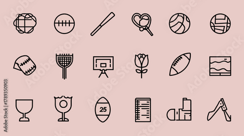 Diverse vector line icons set on pink background. Includes sports, leisure, and everyday objects. Perfect for web design and apps.