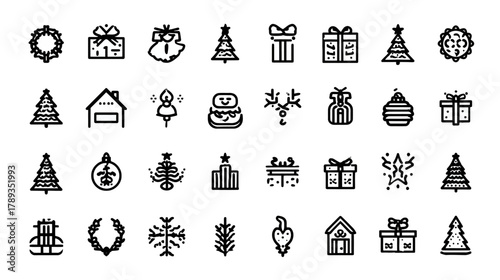 Christmas Holiday Pixel Art Icons Set. Monochrome Retro 8-bit Digital Assets for Winter Celebration Designs and Festive Graphics.