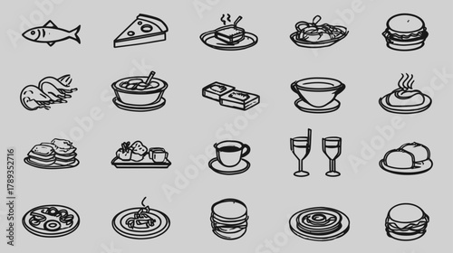 Line art food and drink icons set. Hand-drawn vector illustrations of various meals, appetizers, desserts, and beverages on grey.