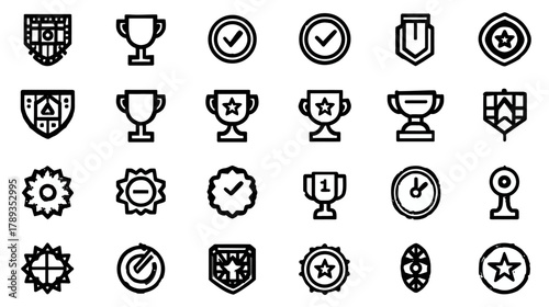 Set of Award, Achievement, and Success Outline Icons. Vector Symbols for Quality, Winner, Trophy, Badge, and Checkmark Concepts.