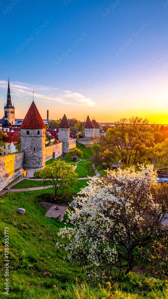 Obraz premium A scenic vertical shot of a historic European city at sunset, featuring stone walls, towers, a church, greenery, and a colorful sky