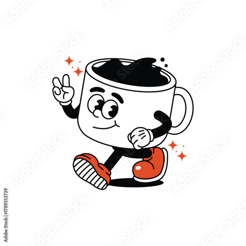 A vintage-style animated coffee cup with eyes, arms, and legs, walking and making a peace sign, with sparkling accents. Coffee Cup Retro Mascot Character. Illustration clip art.