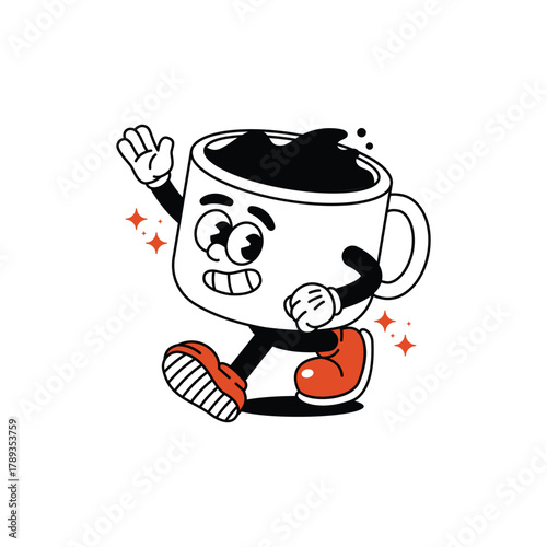 A vintage-style cartoon coffee cup with arms and legs, waving cheerfully while walking. The character has a classic animation look with bold outlines and expressive eyes. Coffee Cup Retro Mascot.