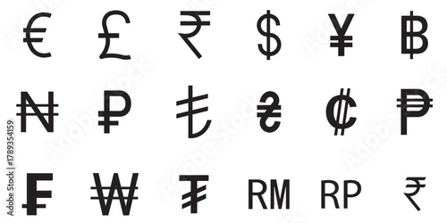 Currency sign set simple icon on white background. Us dollar, euro, Australian dollar, pound, yuan, rupees, dinar, Romanian dinar, symbol sign. Currencies vector illustration 