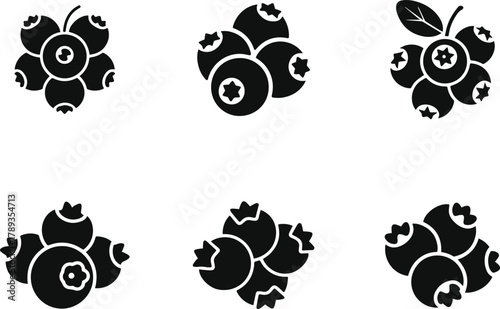 Set of six blueberry cluster silhouette vector icons