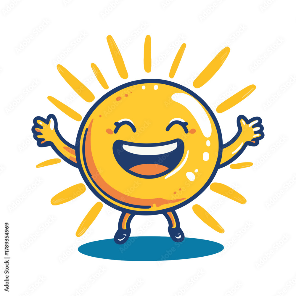 Fototapeta premium A joyful cartoon sun with open arms, perfect for children's content, positive lifestyle blogs, or weather-related apps. Use to convey happiness, warmth, and bright energy.