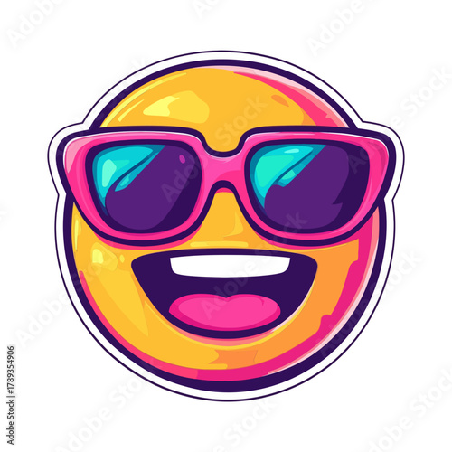 Cool emoji wearing vibrant pink sunglasses and smiling brightly. Use for social media, parties, fun, summer, or digital communication blogs/sites about coolness and positive emotion.