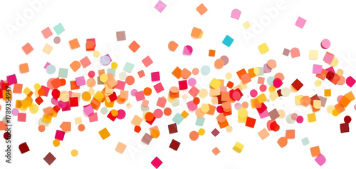 A vibrant abstract composition featuring a cascade of colorful geometric shapes, including squares and circles, creating a dynamic and festive visual.