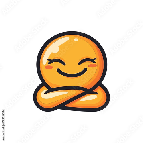 A happy, content orange emoji-like character with closed eyes and crossed arms. Ideal for social media, messaging apps, blogs on positive emotions, self-care, and relaxation.