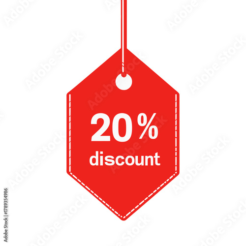 A vibrant red 20% discount tag, ideal for e-commerce product pages, promotional banners, and sales-focused blog posts. Highlight savings and attract customers to special offers.