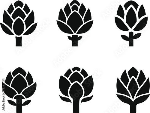 Set of six black artichoke silhouette vector icons