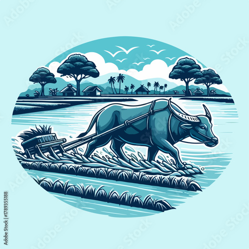 Illustration of a farmer with a buffalo carrying a plow in the rice field
