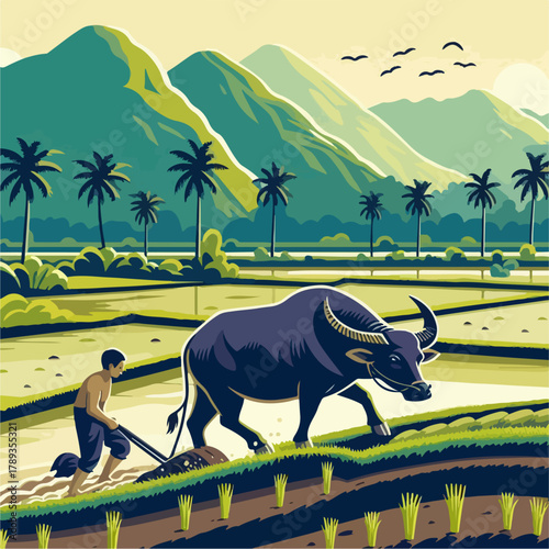 Illustration of a farmer with a buffalo carrying a plow in the rice field