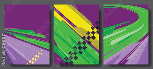 Racing Poster Set – Dynamic Abstract Speed Background in Purple and Green Vector Design