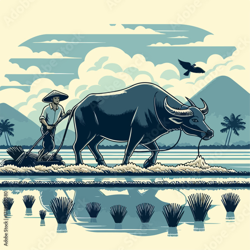 Illustration of a farmer with a buffalo carrying a plow in the rice field