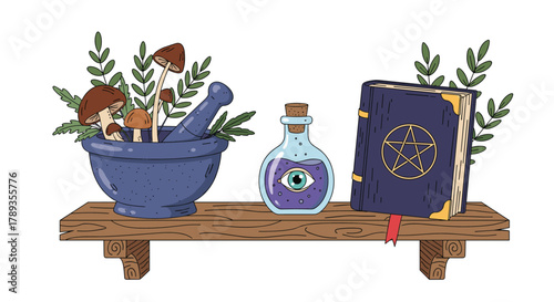 Witchy apothecary items on a shelf: a mortar with mushrooms and herbs, a potion bottle with a mystical eye, and an ancient spell book.
