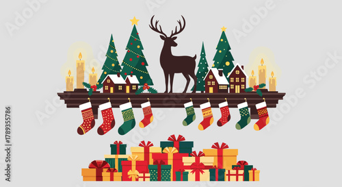 Cozy Christmas illustration featuring a holiday mantelpiece with stockings, a winter village scene, reindeer, decorated trees, and gifts.