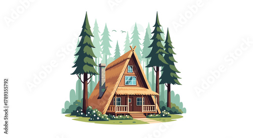 Charming A-frame cabin nestled serenely amidst towering pine trees in a tranquil forest setting, perfect for a peaceful woodland retreat.