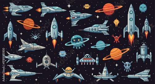 Retro pixel art illustration of diverse spacecraft, cartoon aliens, and celestial bodies floating in outer space.