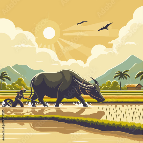 Illustration of a farmer with a buffalo carrying a plow in the rice field