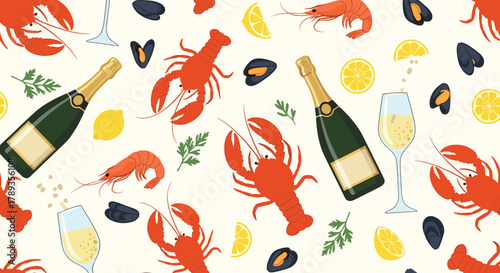 A luxurious seamless pattern featuring cooked lobsters, shrimp, mussels, champagne bottles, sparkling glasses, lemon slices, and parsley sprigs.